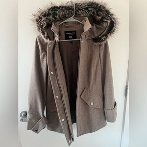 London Fog Women's Tan Utility Jacket with Faux Fur Hood